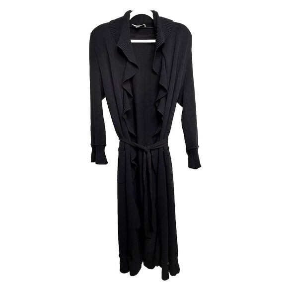 Vintage ST. JOHN Collection Knit Long Kelly Cardigan 6 Black Ruffle Belted Maxi - Picture 2 of 16